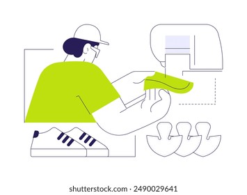 Sneakers sewing abstract concept vector illustration. Tailor manufacturing sneakers at factory, light industry, footwear production, shoes sewing, handmade sneakers abstract metaphor.