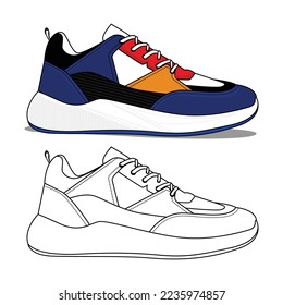 sneakers shoe with line art style and color vector