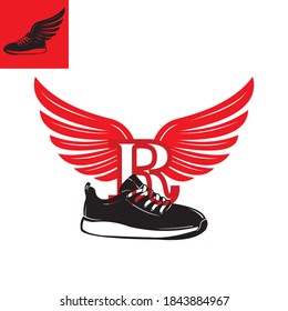sneakers shoe in solid black color logo, r winged letter, vector illustrations