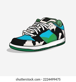 Sneakers Shoes Boots Low Green Blue Black. Streetwear Poster. Sneakers from side view. Fashionable sneakers.