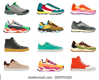 Sneakers Shoes. Fitness Footwear For Sport, Running And Training. Colorful Modern Shoe Designs. Sneaker Side View Cartoon Icons Vector Set. Bright Massive Footwear For Casual Lifestyle