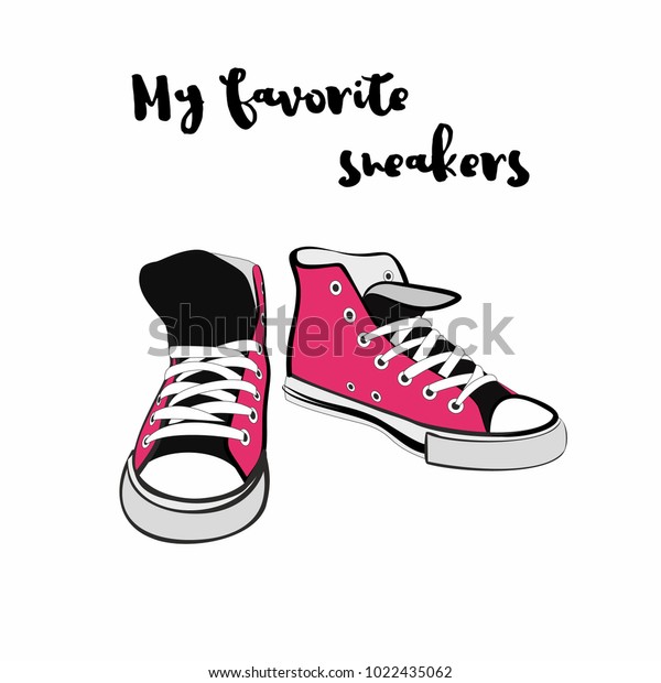 スニーカーの靴 ロゴ ポスター はがき ファッションブックレット チラシ用の手描きのベクターヒップスターイラスト ピンクのスニーカー を持つ手描きの落書き風スケッチ ピンクの若い靴のファッションイラスト のベクター画像素材 ロイヤリティフリー
