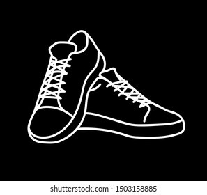 Sneakers shoes on black background. Illustration for logo, poster, postcard, fashion booklet, flyer. Fashion illustration of baby youth shoes. Flat design. EPS 10.