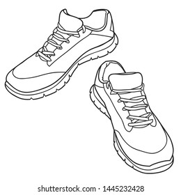 Sneakers shoes pair isolated. Hand drawn vector illustration. Sport boots hand drawn for logo, poster, postcard, fashion booklet, flyer. Vector sketch sneakers.