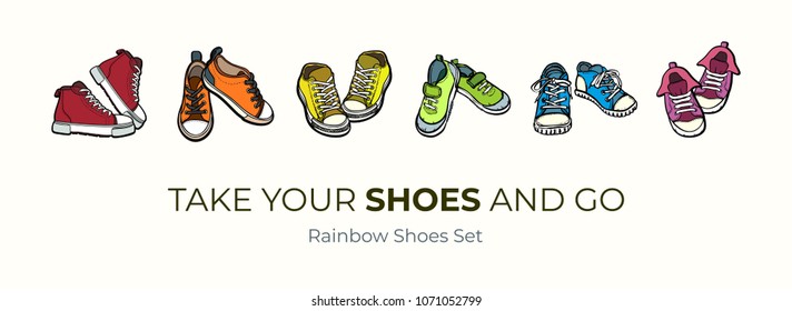 Sneakers shoes pairs isolated. Hand drawn vector illustration set of colorful shoes. Sport boots hand drawn for logo, poster, postcard, fashion booklet, flyer. Vector sketch sneakers. Rainbow converse