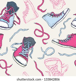 Sneakers. Shoes Seamless pattern. Sport shoes Hand drawn Vector  background.