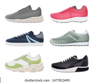 Sneakers shoes. Sport fitness healthy footwear running boots big feet vector stylish realistic pictures