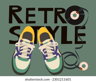 Sneakers Shoes for Teenagers, retro style. Designer font, lettering