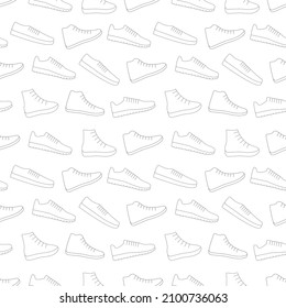 Sneakers shoes vector background seamless repeating pattern. Men and women sport footwear. Thin line style. Editable template.