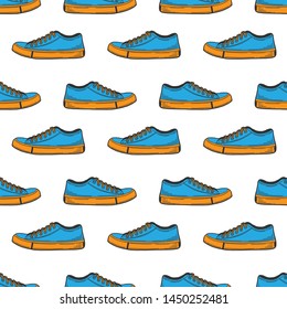 Sneakers shoes. Vector concept in doodle and sketch style. Hand drawn illustration for printing on T-shirts, postcards. Seamless pattern for textile, paper wrap.