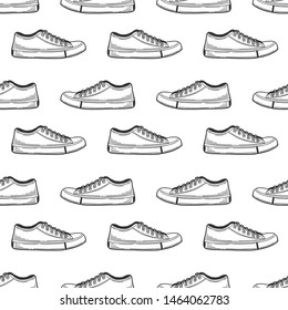 Sneakers shoes. Vector concept in doodle and sketch style. Hand drawn illustration for printing on T-shirts, postcards. Seamless pattern for textile, paper wrap.