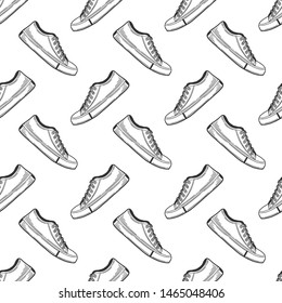 Sneakers shoes. Vector concept in doodle and sketch style. Hand drawn illustration for printing on T-shirts, postcards. Seamless pattern for textile, paper wrap.