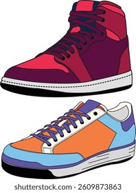 Sneakers shoes vector, Sneakers in flat style, Isolated sneakers shoes fashion, Sneakers drawing flat retro