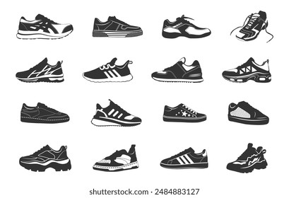 Sneakers silhouette, Sport sneakers silhouettes, Running sneakers silhouette, Sneakers vector illustration. 