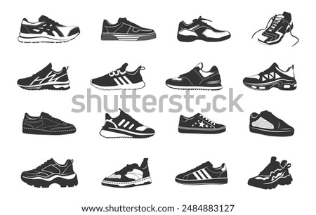 Sneakers silhouette, Sport sneakers silhouettes, Running sneakers silhouette, Sneakers vector illustration. 