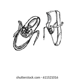 Sneakers sketch. Hand drawn sketch vector illustration on white background. Black & white & gray.