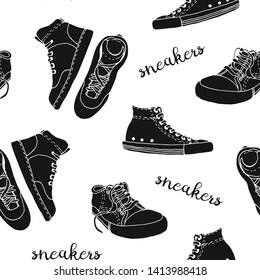 Sneakers sketch vector pattern, active shoes seamless background