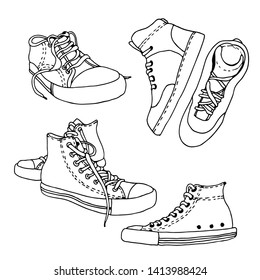 Sneakers sketch vector set, active shoes drawing