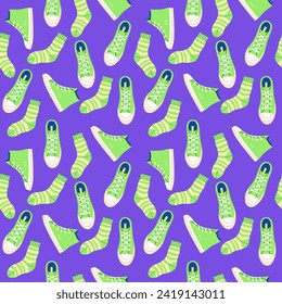 Sneakers and socks. Bright seamless pattern. Vector illustration 
