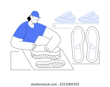 Sneakers sole making abstract concept vector illustration. Factory worker creating sneakers sole, light industry, footwear production, shoemaker occupation, shoe manufacturing abstract metaphor.