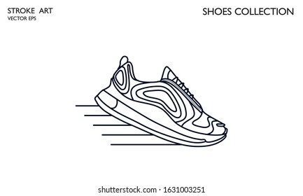 Sneakers sport icon. Line art, outline shoes. Stroke drawn sneakers. Flat line outline stroke. Running shoes set. 