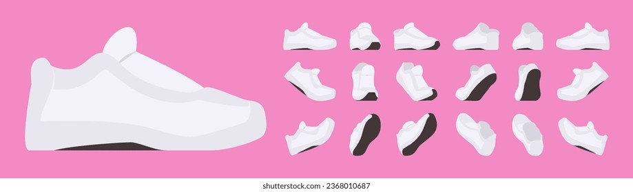 Sneakers, sport white shoes set, walking, racer running trainer, active game practice. Comfort athletic gym footwear, accessory. Fashion, wellness, fitness cartoon illustration, pink vivid background