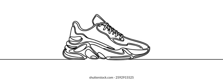 Sneakers sports shoes in a continuous one line drawing. Vector illustration isolated.