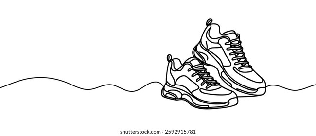 Sneakers sports shoes in a continuous one line drawing. Vector illustration isolated.