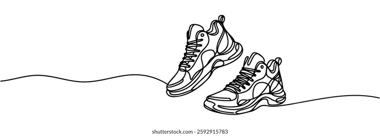 Sneakers sports shoes in a continuous one line drawing. Vector illustration isolated.