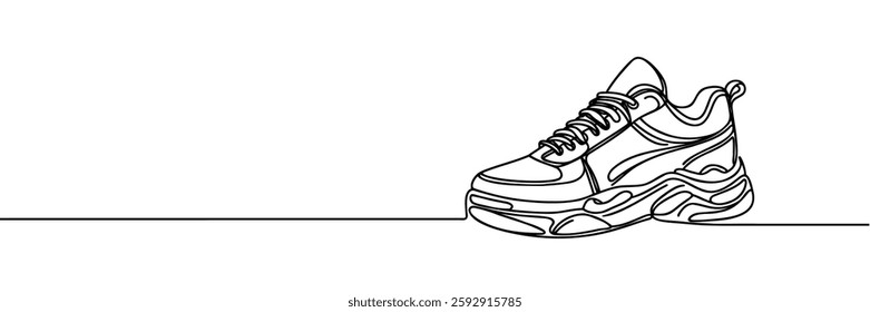 Sneakers sports shoes in a continuous one line drawing. Vector illustration isolated.