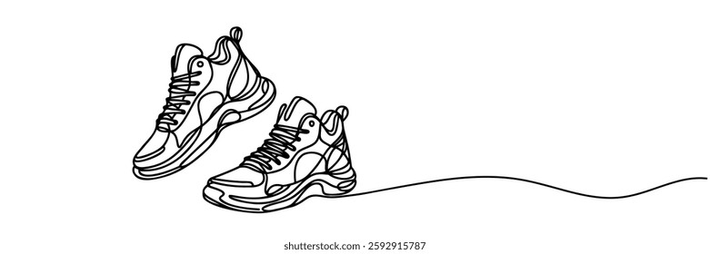 Sneakers sports shoes in a continuous one line drawing. Vector illustration isolated.