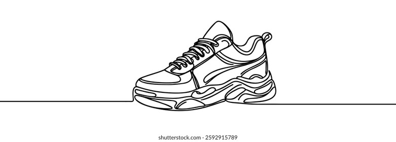 Sneakers sports shoes in a continuous one line drawing. Vector illustration isolated.