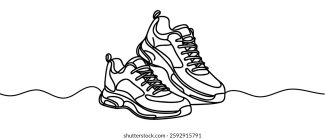 Sneakers sports shoes in a continuous one line drawing. Vector illustration isolated.