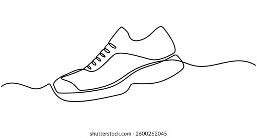 Sneakers sports shoes in a continuous one line drawing. Vector illustration isolated. Minimalist design hand draw, Continuous one line drawing of trendy shoe. Simple shoes, sneaker line art vector. 