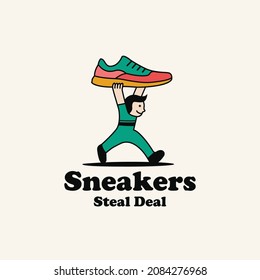 Sneakers Steal Deal Logo Icon Sign Poster Banner Design Concept. Man Carrying Sneaker Shoe Over His Head Cartoon Vector Illustration