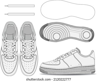 SNEAKERS TECHNICAL FLAT DRAWING   top  side  bottom view double laces