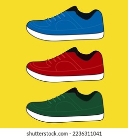 Sneakers with three different color variations. Men's sneaker shoe in flat style. Side view of sneakers on a yellow background. Sneakers fashion. Vector illustration