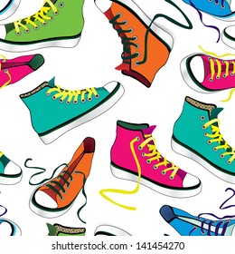 Sneakers tile background. Different sport shoes seamless pattern