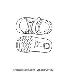 Sneakers for toddler outline drawing. Athletic shoes. Hand-drawn illustration sneakers with velcros and anti-slip.