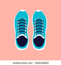 Sneakers top view in flat style. Sport shoes icon. Running shoes pair. Vector illustration isolated on pink background. 