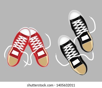 Sneakers top view. Sport pair red and black shoes vector illustration. Isolated realistic keds