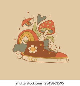 Las zapatillas de deporte para recorrer la naturaleza. arcoiris, flores, setas y hojas. Símbolo de libertad y viaje. Impresión de camisetas. Estilo psicodélico. Ilustración abstracta. Ilustración de material vectorial