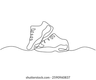 Sneakers Trendy Line Art Drawing. Sport Shoes Minimalistic Black One Line Drawing. Athletic Running Shoes Continuous One Line Abstract Illustration. Vector. Not AI