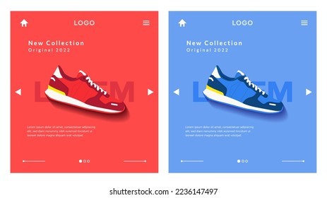 Sneakers. Trendy sneakers sports shoes vector flat design concept for lifestyle, sale shoes theme. shoe collection design Side view of shoes on a buying and selling site