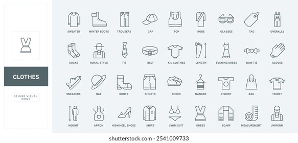 Sneakers and trousers, dress and bikini, female and male garment to wear thin black outline symbols vector illustration. Casual clothes and shoes, fashion for man, woman, and child line icons set.