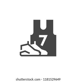 Sneakers and T-shirt with number 7. Black flat icon of sportswear. Unisex uniform for members of team games. Emblem of casual clothes for shops. Vector illustration isolated