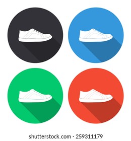 sneakers vector icon - colored(gray, blue, green, red) round buttons with long shadow