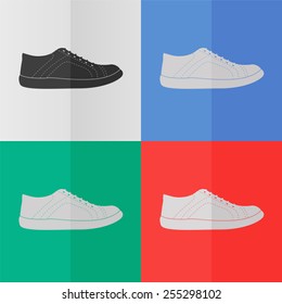 sneakers vector icon. Effect of folded paper. Colored (red, blue, green) illustrations. Flat design