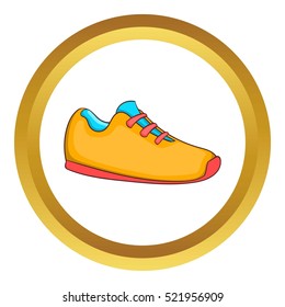 Sneakers vector icon in golden circle, cartoon style isolated on white background