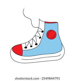 Sneakers vector. Illustration. Red and blue textile sneakers with a rubber toe and loose lacing. Hand drawn, textile print with contour. Shoes of modern teenage skaters. Isolated on white . EPS 10